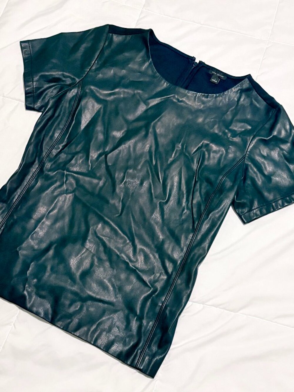 Ann Taylor Teal Faux Leather Colorblock Top Sz S